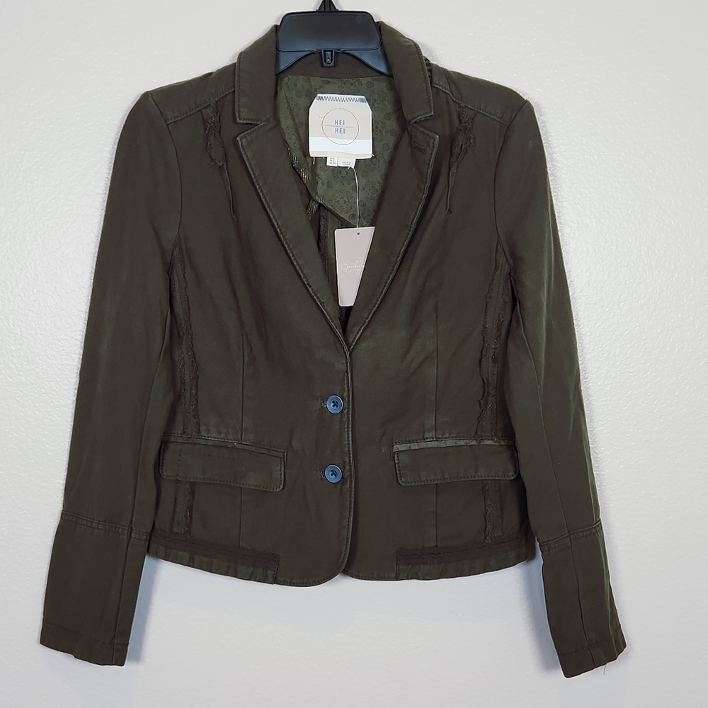 Anthropologie Olive Denim Gingham Button Jacket Boho Retro Preppy Academia